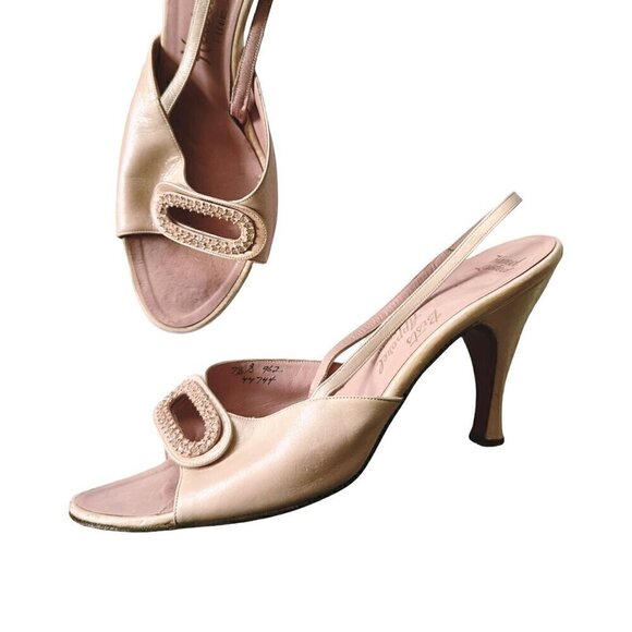 Vintage Herbert Levine Beige leather sling back pumps,  Size 7.5, 1950s - Picture 1 of 13